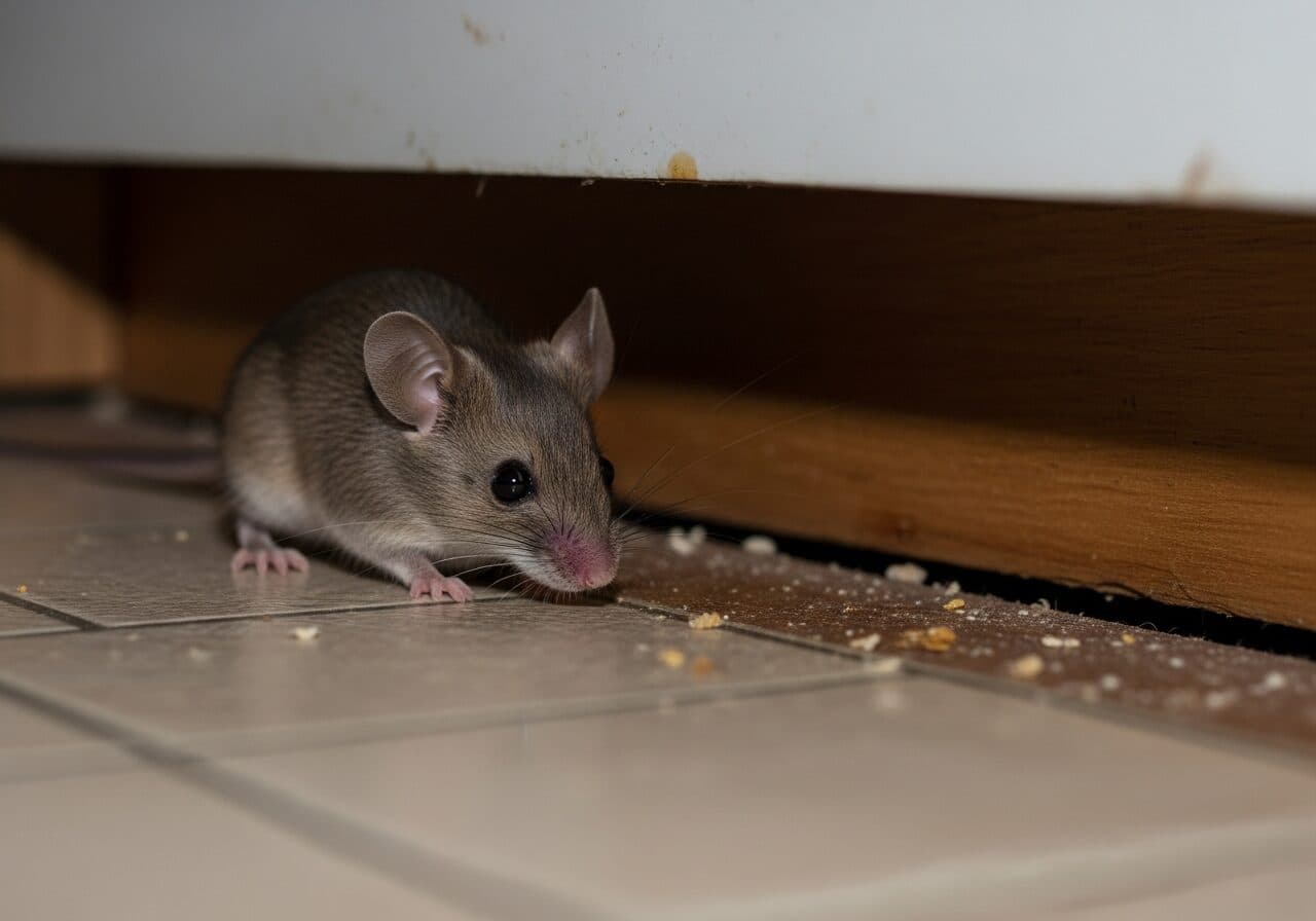 A mouse on a kitchen floor beside a skirting board, feeding on crumbs