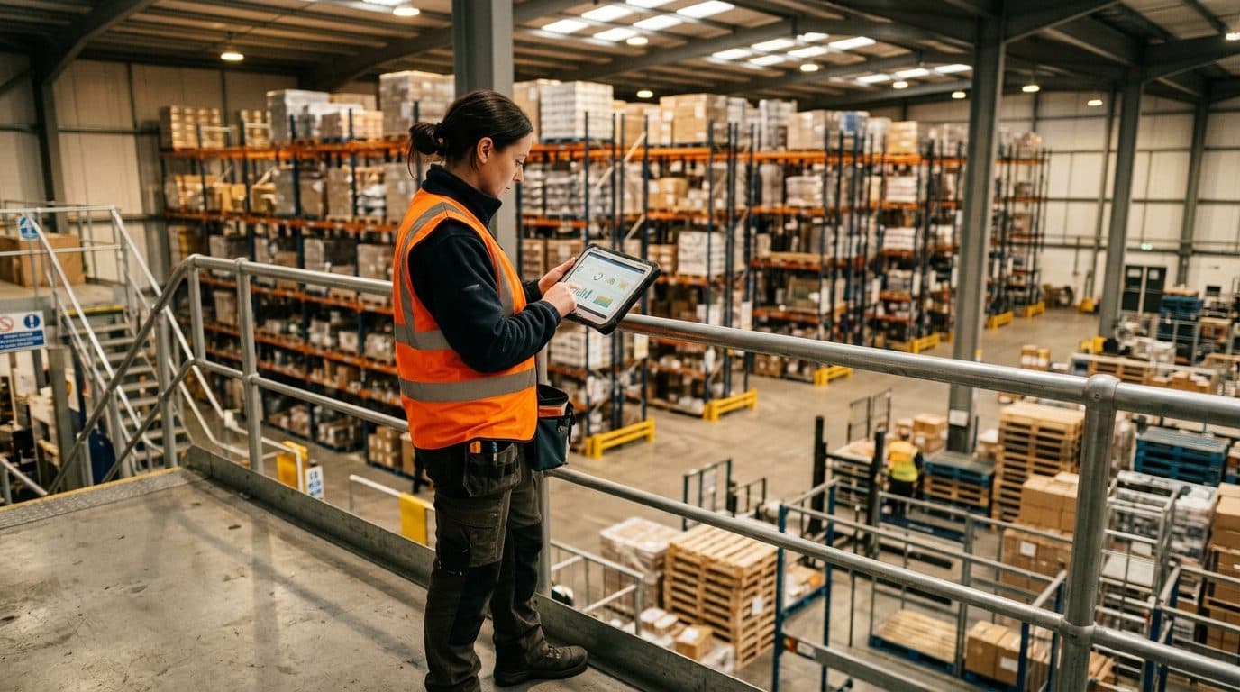 A pest control technician reviewing rodent activity on a tablet inside a warehouse