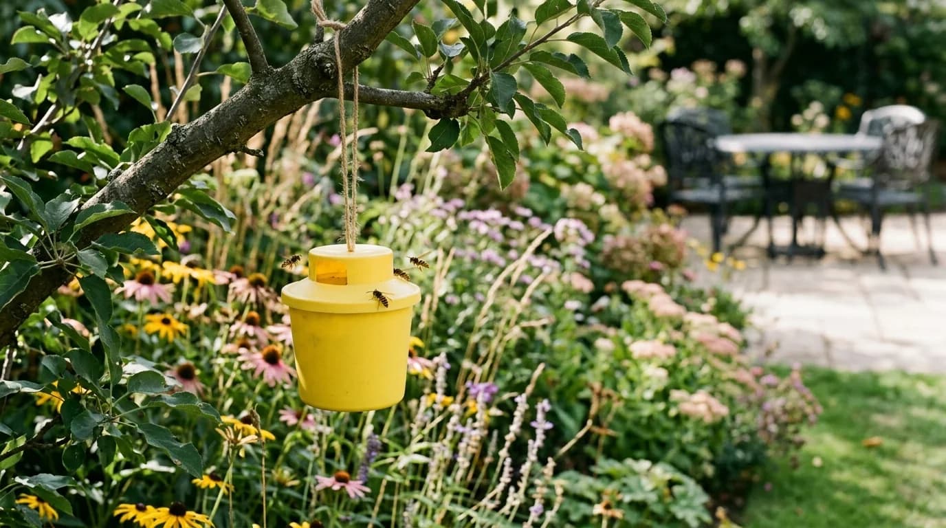 A wasp pot hanging from a branch at the edge of a garden, with wasps at the entrance and a seating area beyond